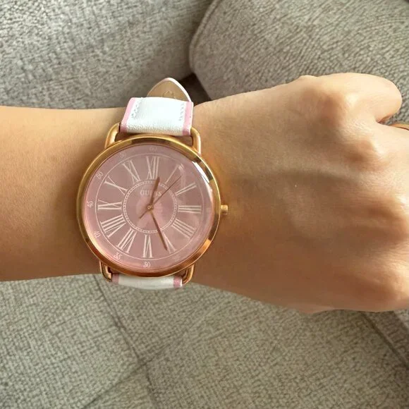 Guess Ladies Rose Gold Tone Case White Genuine Leather Watch